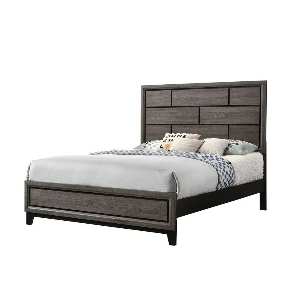 Asir Full Size Bed, Geometric Panel Headboard, Modern Gray Wood Finish By Casagear Home