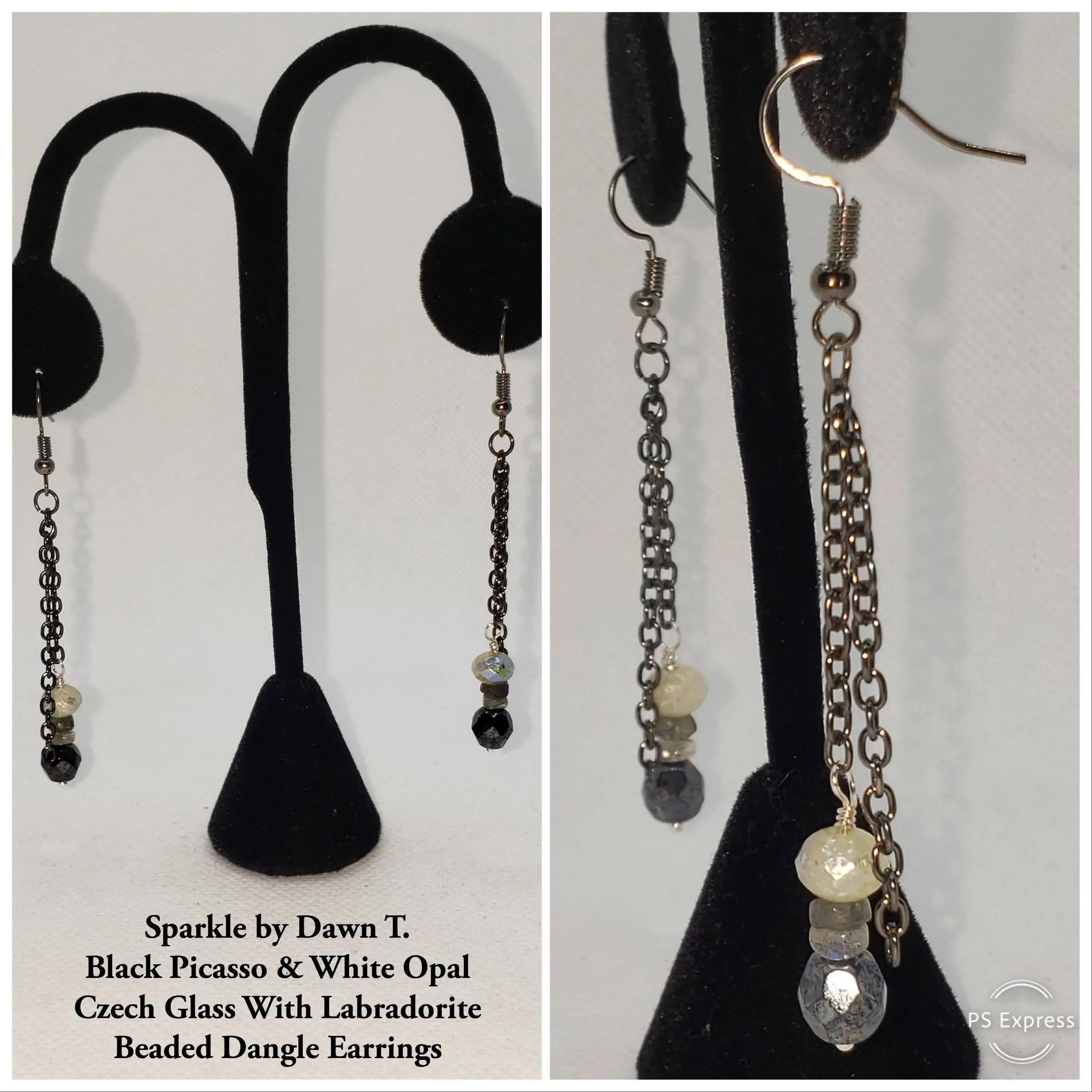 Black and Gray Crystal with gray heishi beads and gun metal chain necklace and earrings