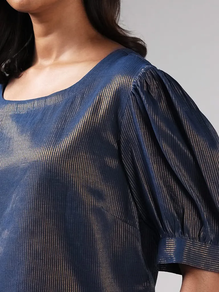 Bombay Paisley Blue Golden Striped Cotton Top