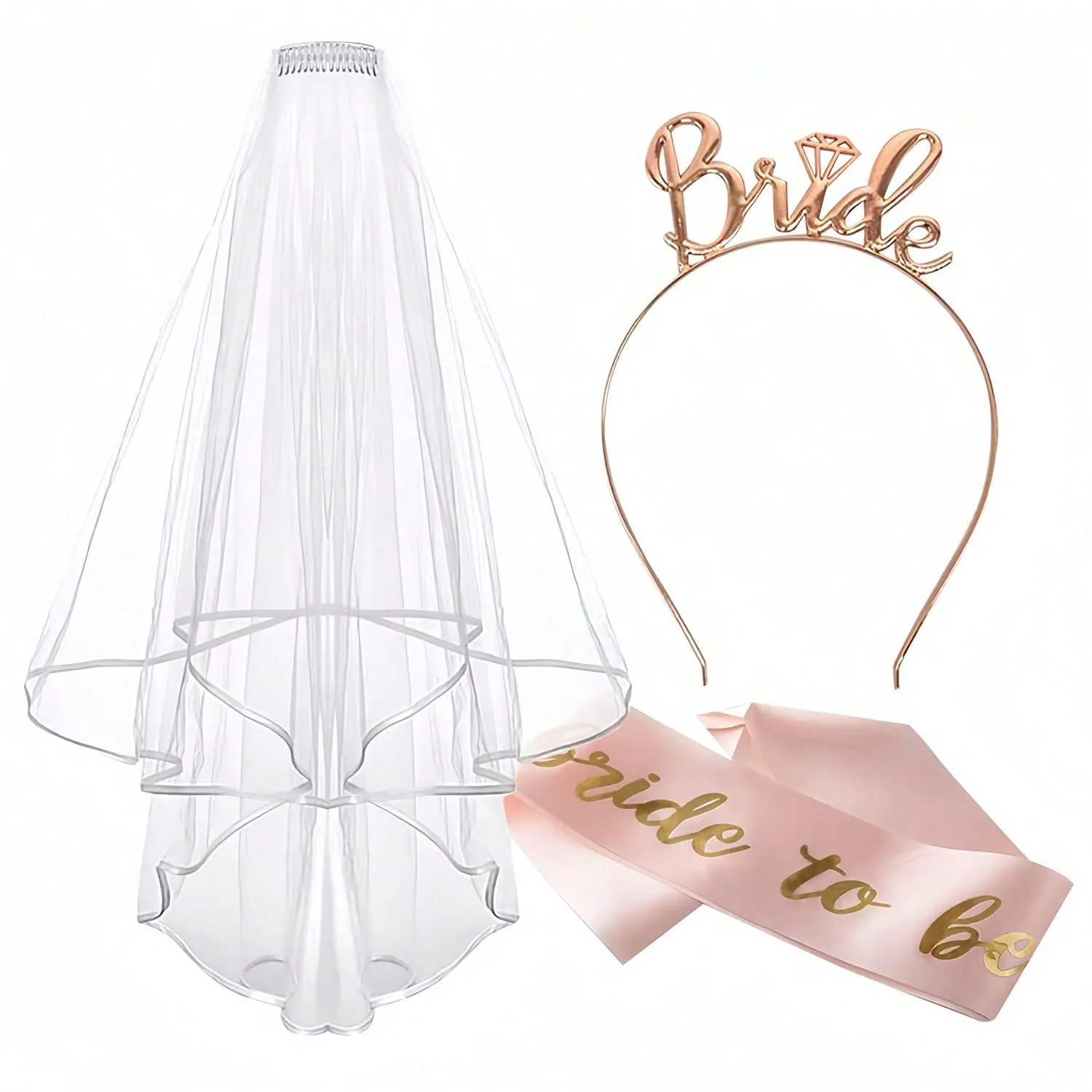 Bride To Be Sash And Veil, Hen Party Accessories With Tiara Bride To Be Sash Bride Headband For Bridal Shower, Rose Gold Wedding Hen Do Decorations For Bride Bachelorette Hen Night Party Games