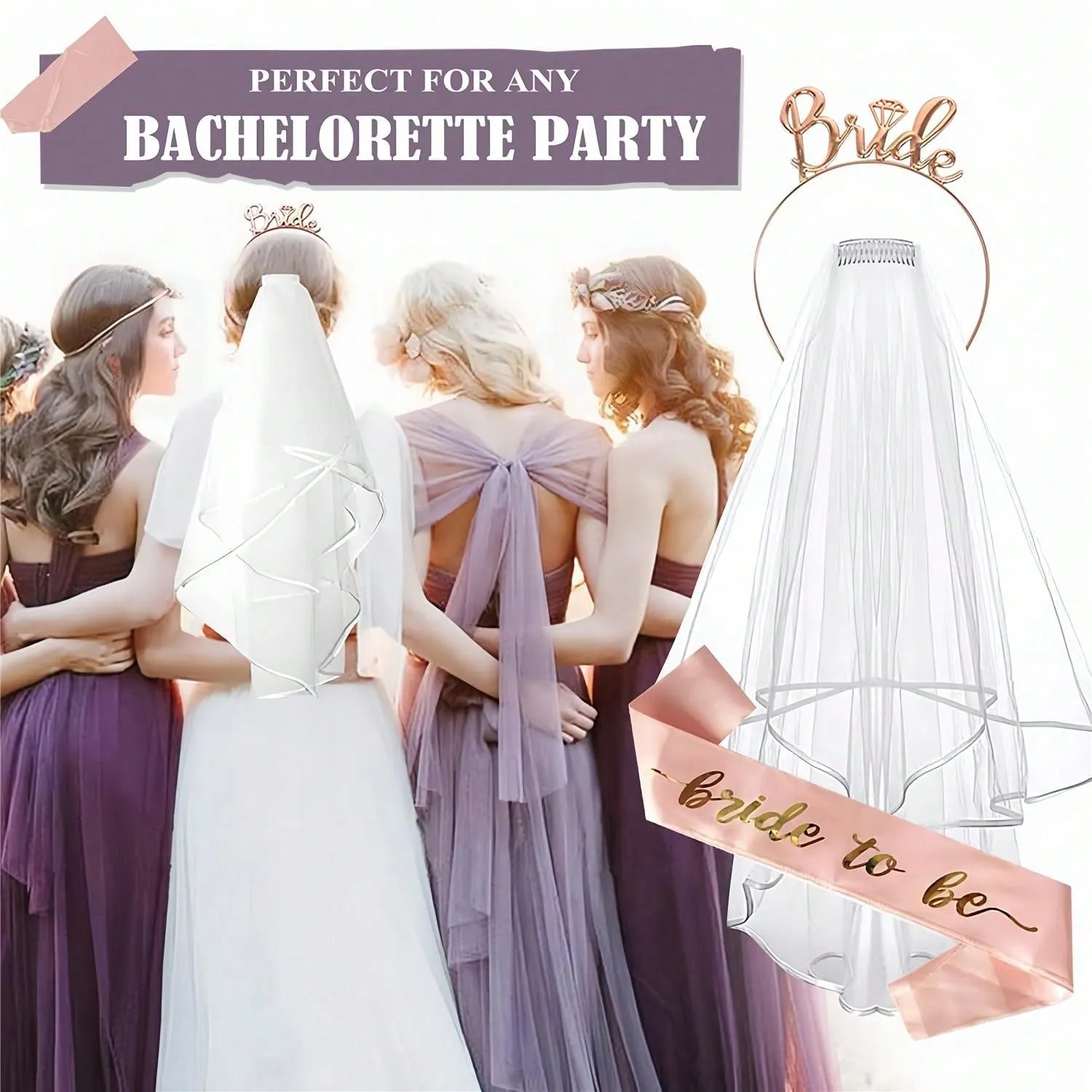 Bride To Be Sash And Veil, Hen Party Accessories With Tiara Bride To Be Sash Bride Headband For Bridal Shower, Rose Gold Wedding Hen Do Decorations For Bride Bachelorette Hen Night Party Games