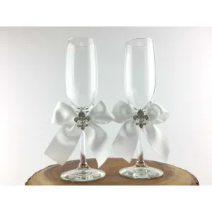 Crystal Fleur de Lis Ribbon Toasting Glasses- Custom Colors!