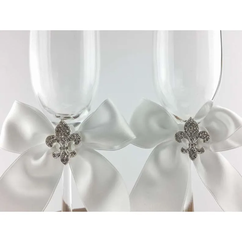 Crystal Fleur de Lis Ribbon Toasting Glasses- Custom Colors!