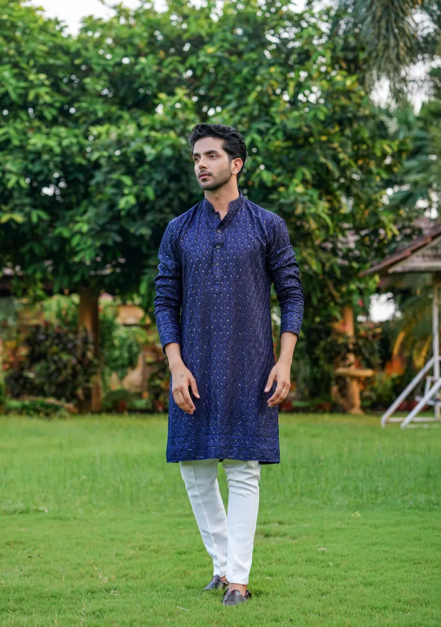 Dark Navy Blue Men's Kurta Set | Heavy Rayon Fabric | Embroidered Sequences | Sizes M & XL