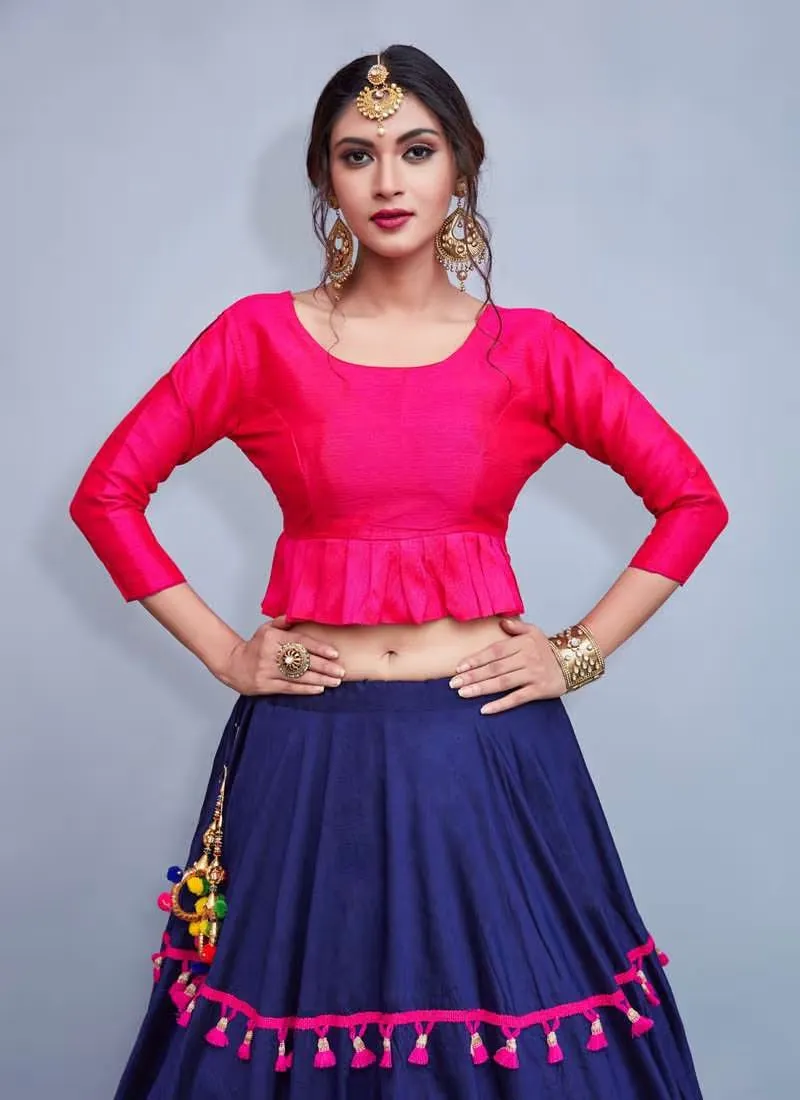 Elegance Pink Crop Top With Tassels Decorated Navy Blue Skirt