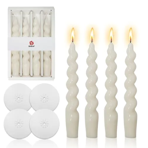 Gedengni Spiral Taper Candle Dinner Candlesticks - Set of 4 White Candle Stick with Candles Drip Protectors Short Tapered Candles for Home Décor Weddings Festive Gifts (2D4PT-WHITE)