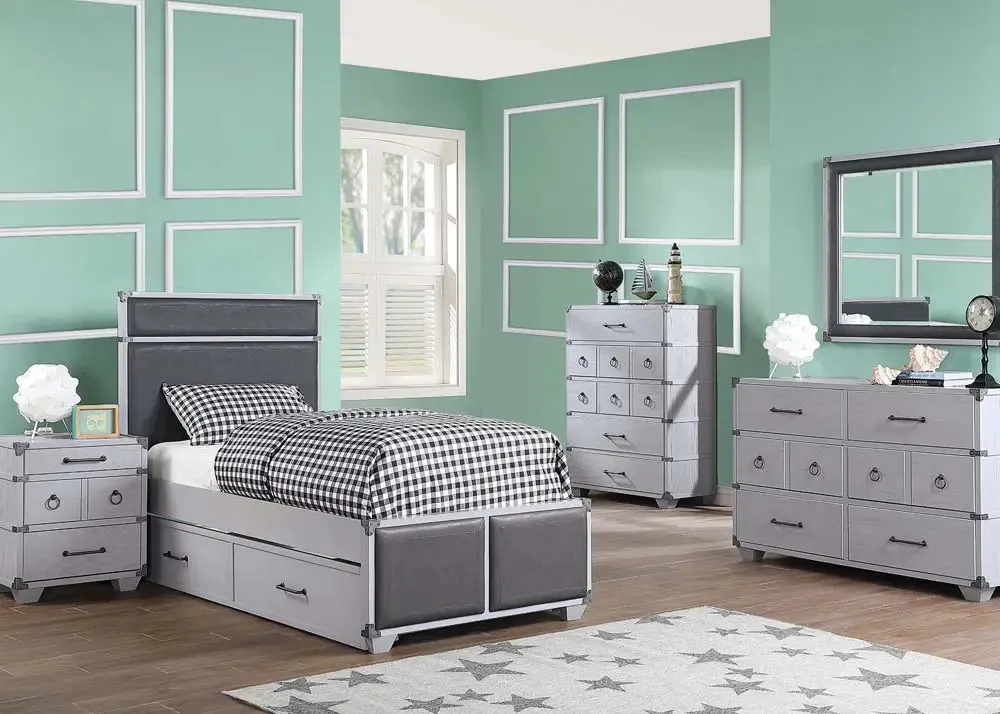 Graham Twin Bed, Gray Faux Leather & Gray