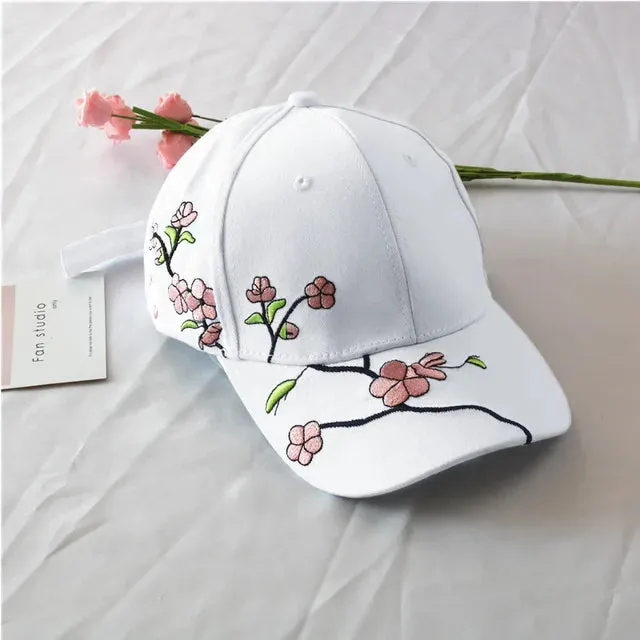 JK Korean Flower Embroidery Baseball Caps Women Girl Cute Plum Outdoor Long Brim Sun Visor Hats Cotton Adjustable Sports Cap