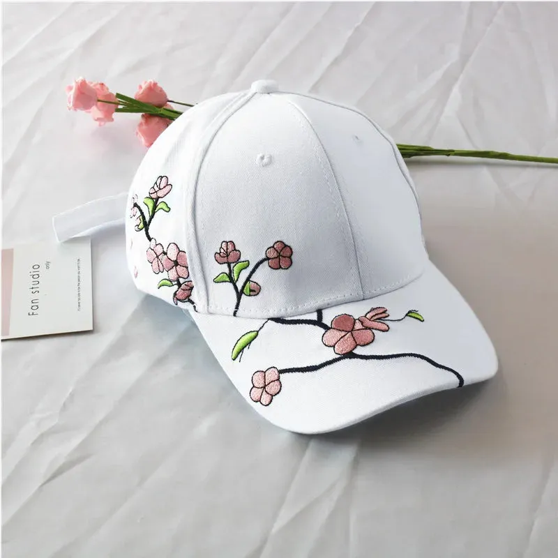 JK Korean Flower Embroidery Baseball Caps Women Girl Cute Plum Outdoor Long Brim Sun Visor Hats Cotton Adjustable Sports Cap