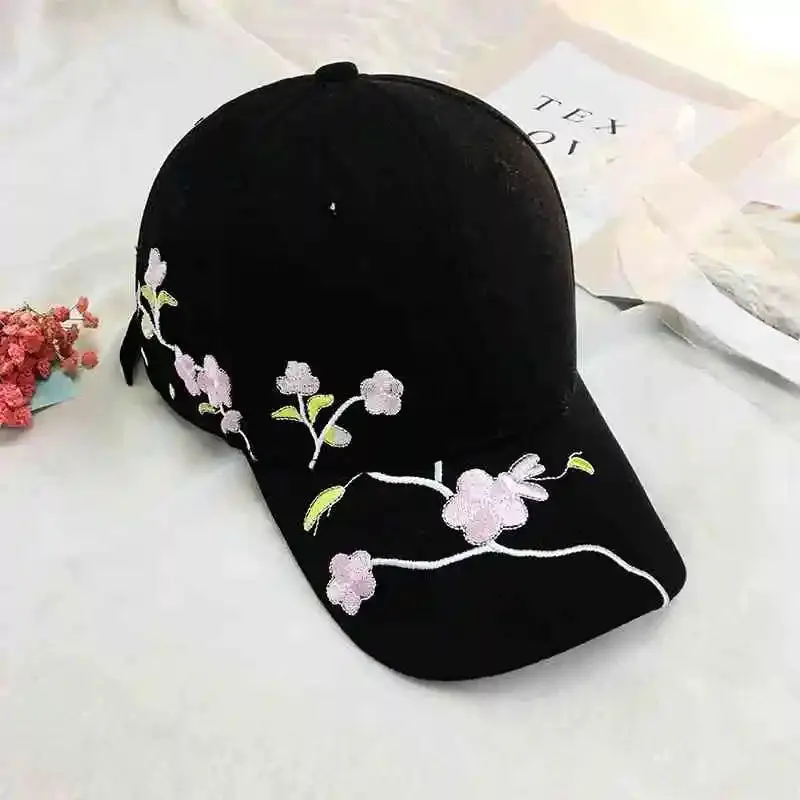 JK Korean Flower Embroidery Baseball Caps Women Girl Cute Plum Outdoor Long Brim Sun Visor Hats Cotton Adjustable Sports Cap