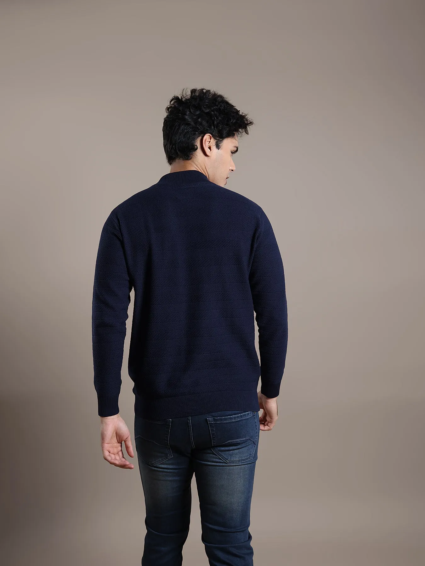 Knitted Navy Blue Plain Regular Fit Full Sleeve Casual Pullover