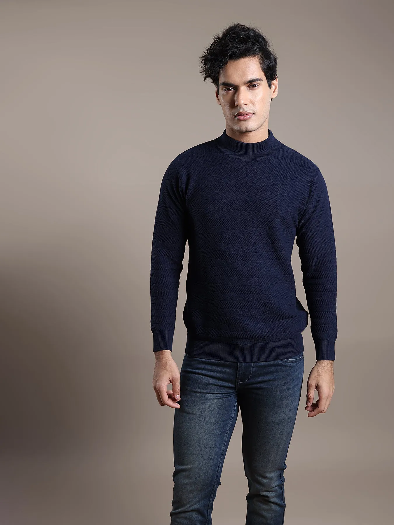 Knitted Navy Blue Plain Regular Fit Full Sleeve Casual Pullover