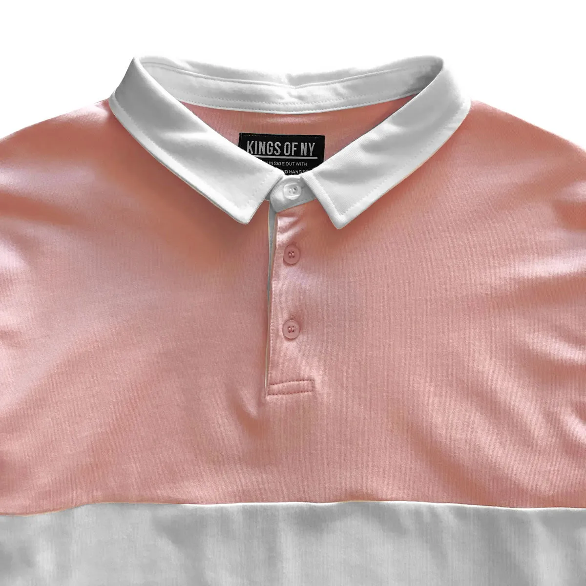 Mens Dusty Pink and White Striped Long Sleeve Polo Rugby Shirt