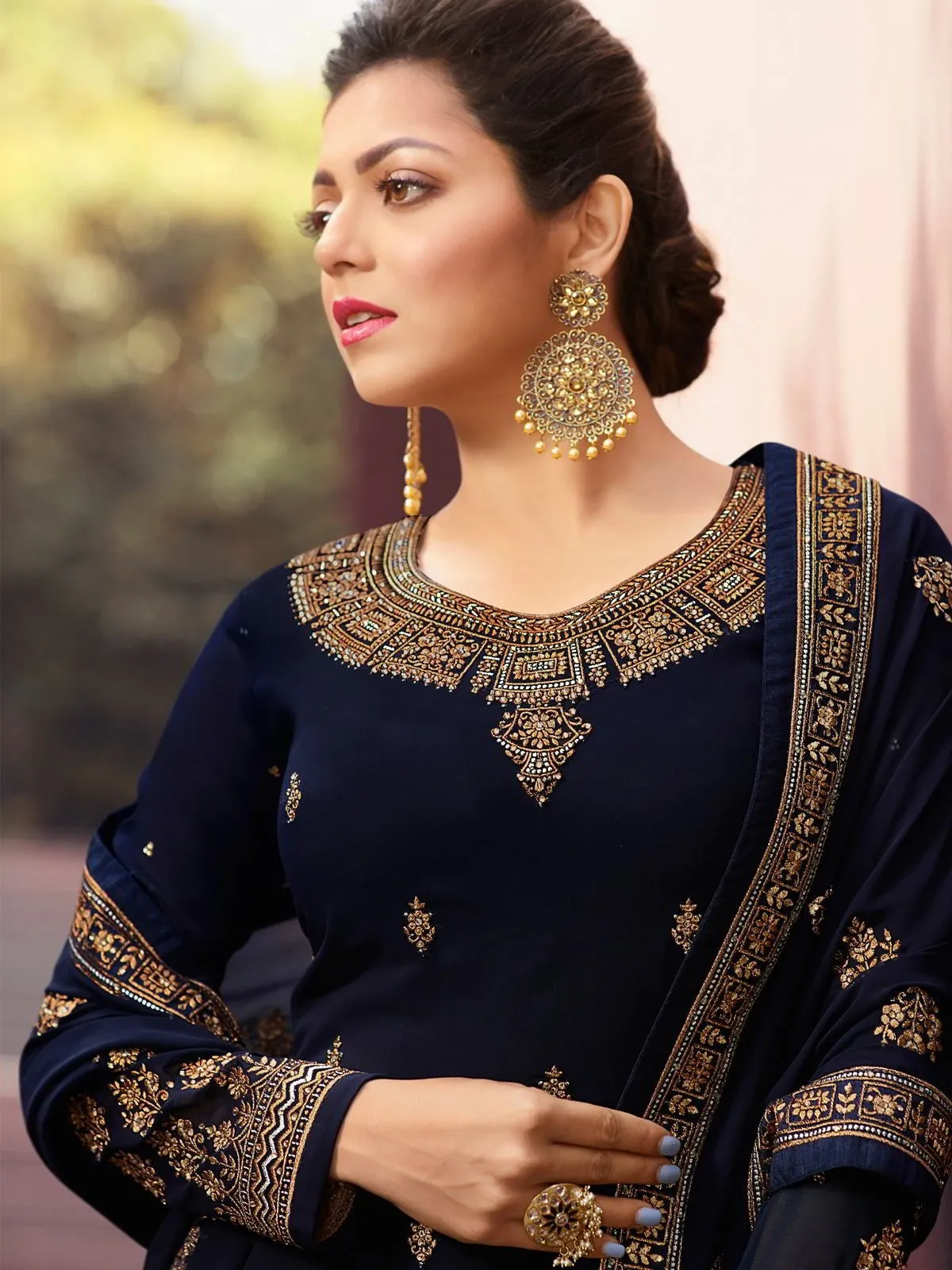 Navy Blue Golden Embroidered Traditional Churidar Suit