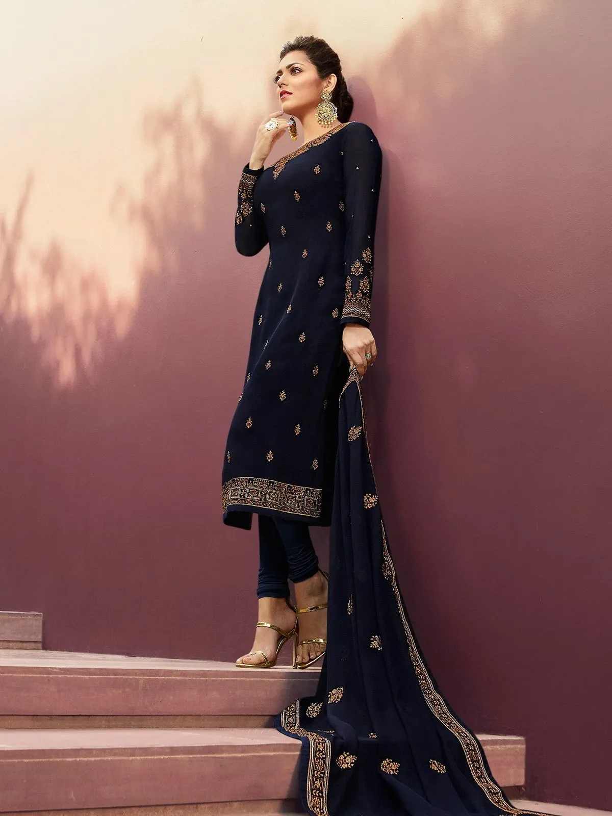 Navy Blue Golden Embroidered Traditional Churidar Suit