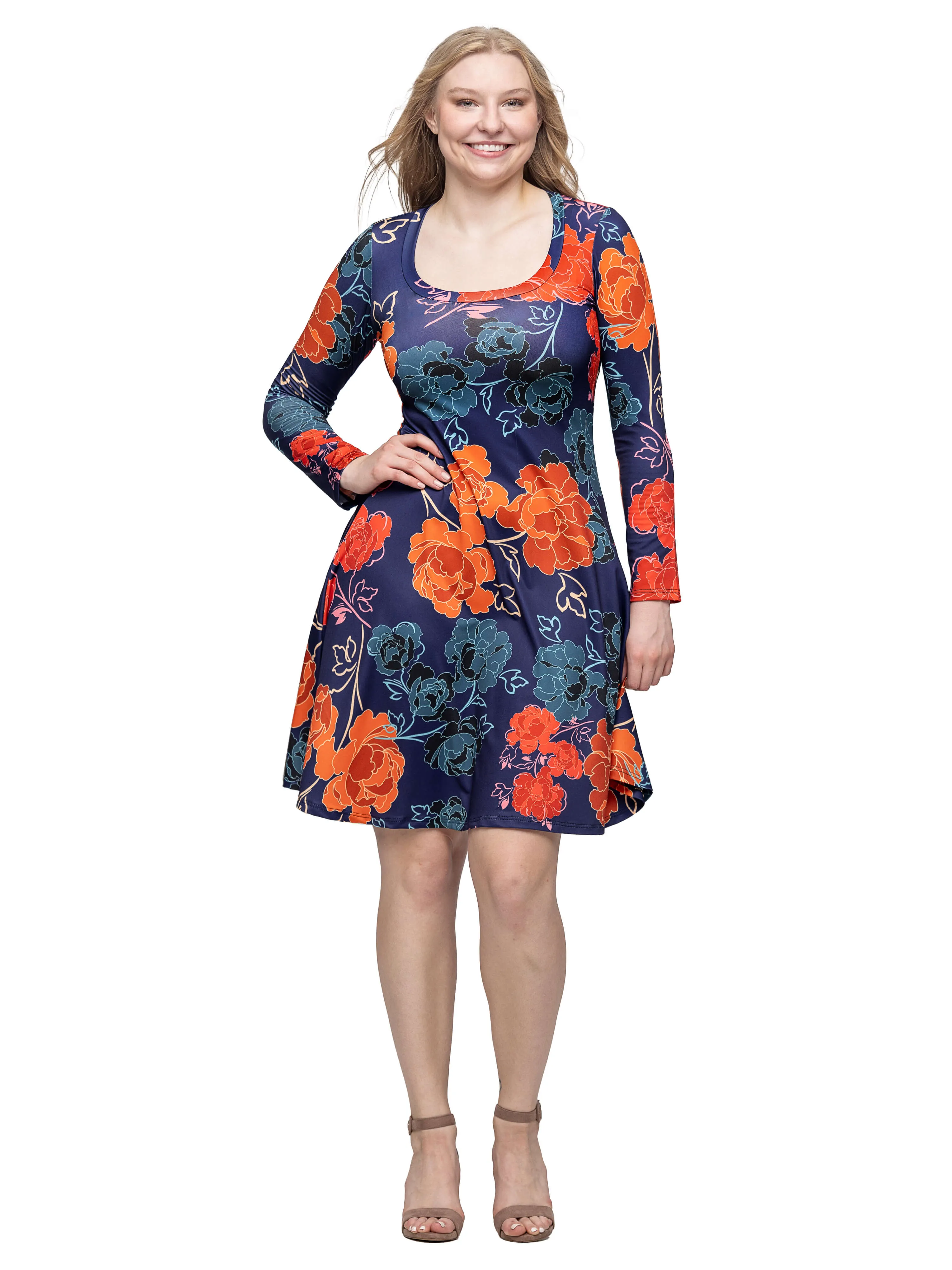 Navy Floral Print Long Sleeve Knee Length Dress