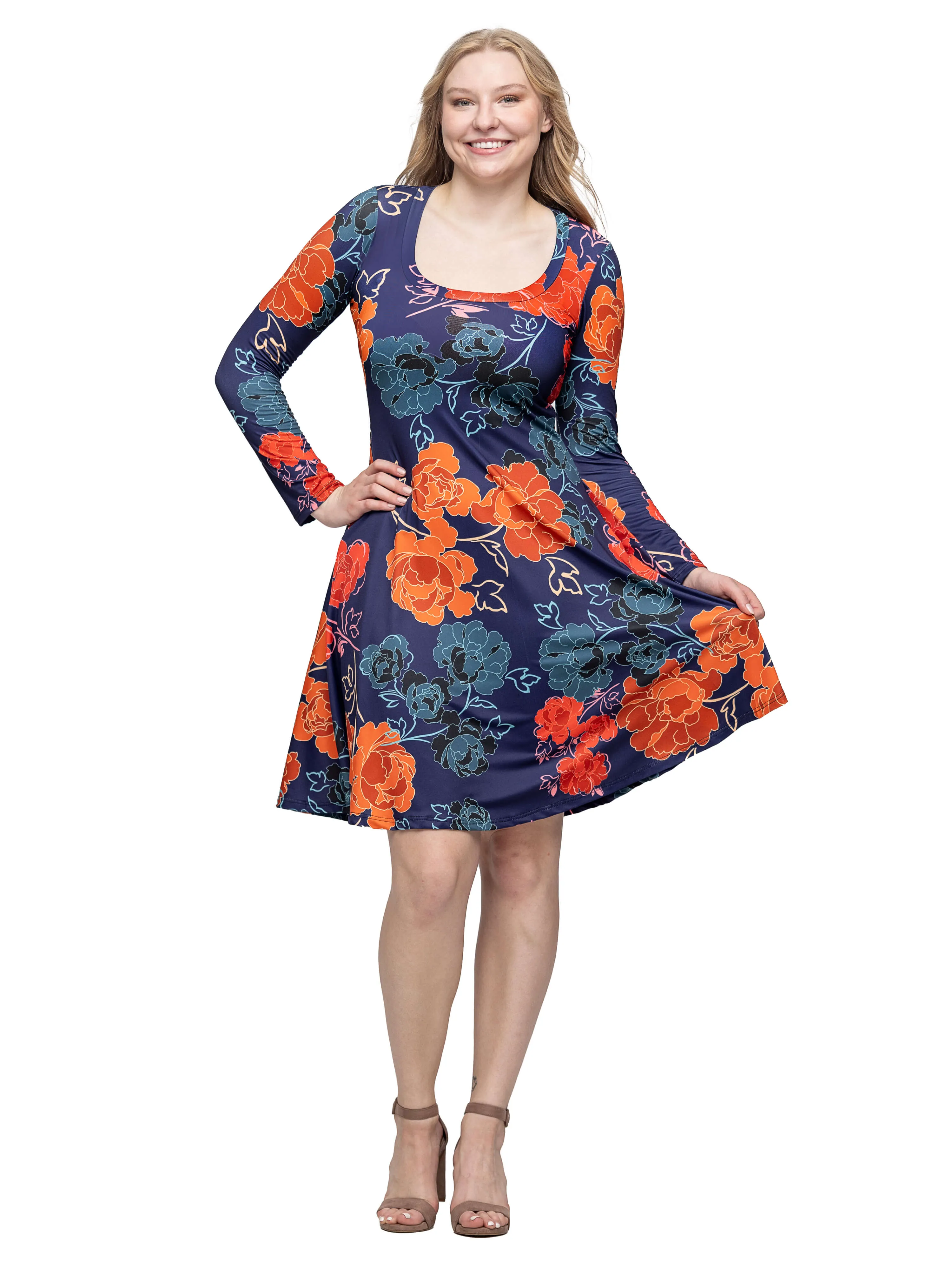 Navy Floral Print Long Sleeve Knee Length Dress