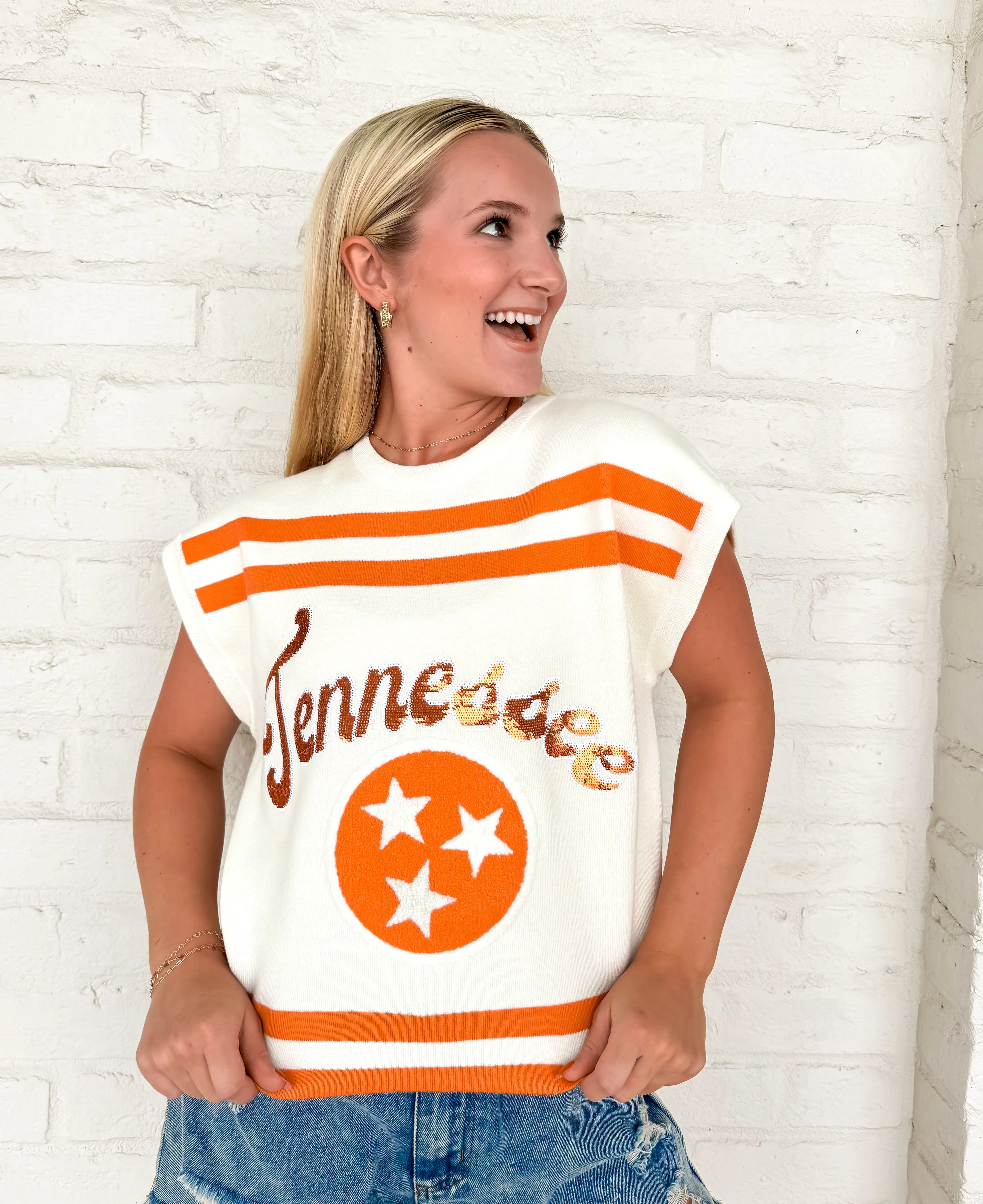 Queen Of Sparkles Orange & White Tennessee Striped Short Sleeve Top