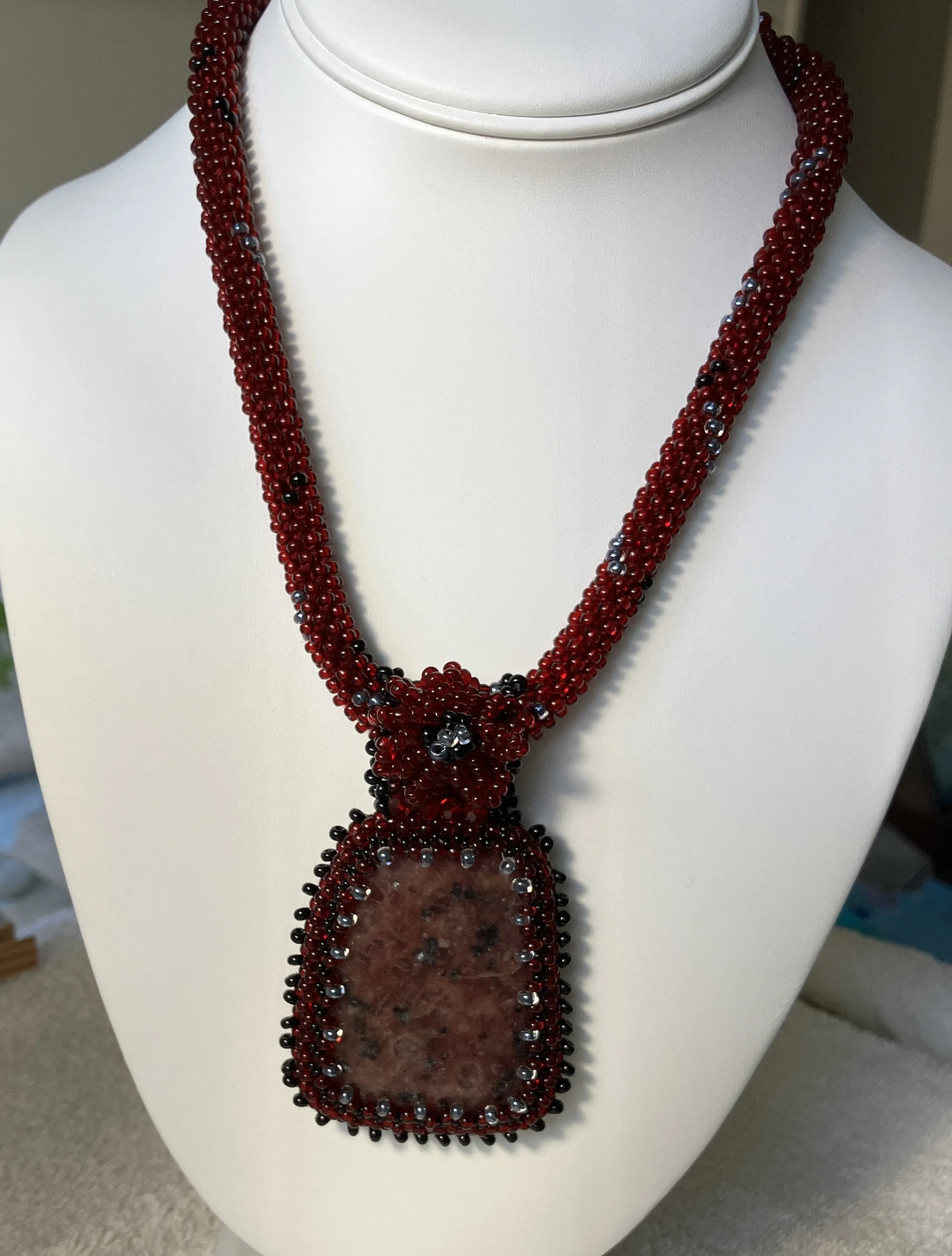 Ruby Kiwi Jasper Necklace with Crystals and Bead Crochet Necklace