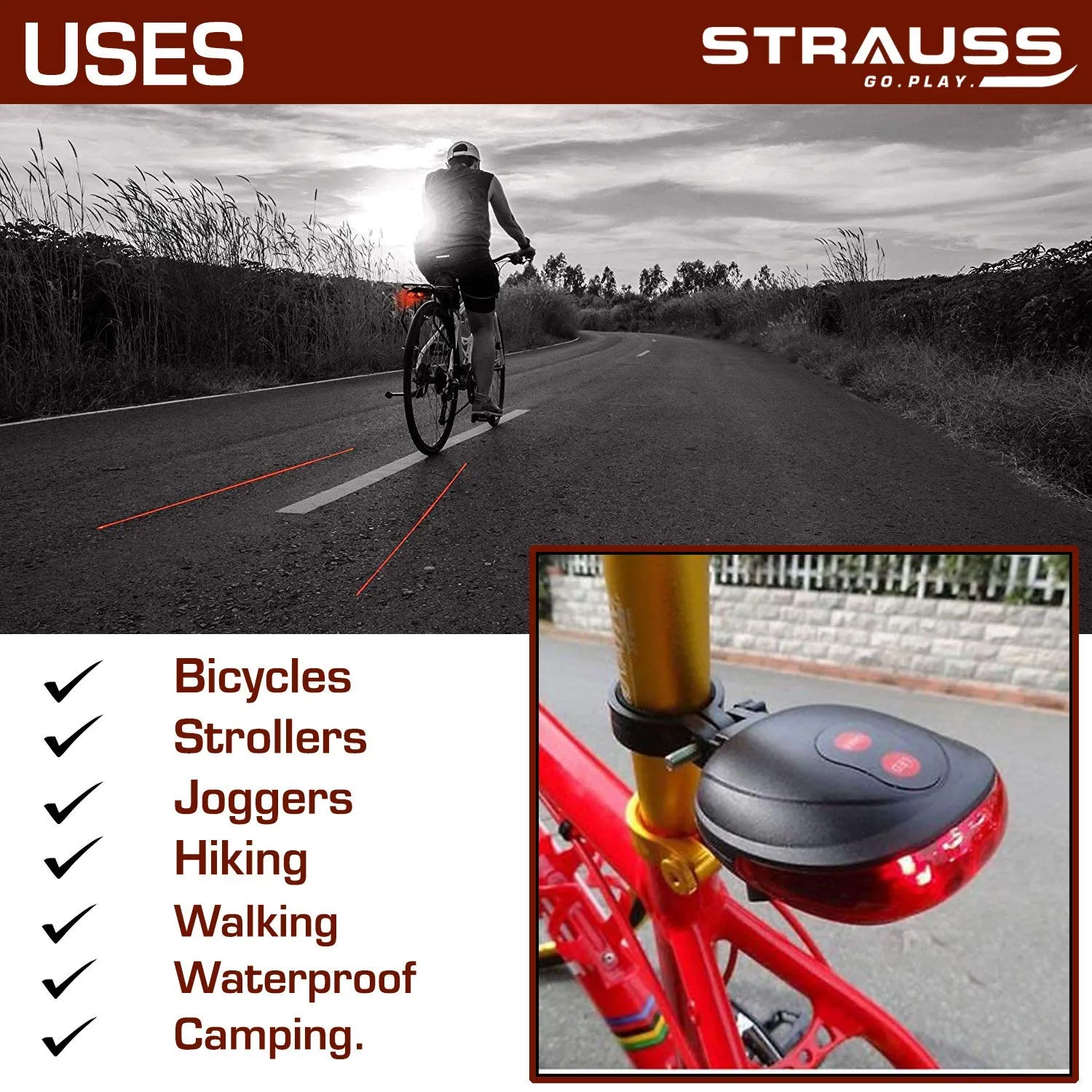 Strauss Gel Seat Cover (Black) and Bicycle Flash Tail Light with Laser, (Black)