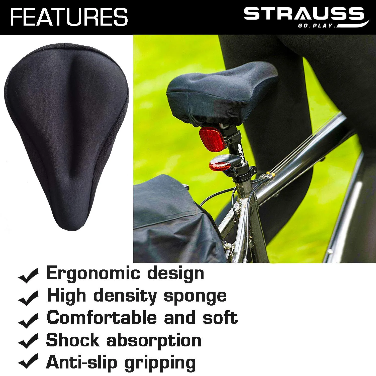 Strauss Gel Seat Cover (Black) and Bicycle Flash Tail Light with Laser, (Black)