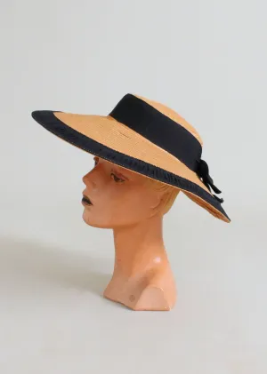 Vintage 1940s Wide Brim Straw Hat with Pleated Ribbon Trim