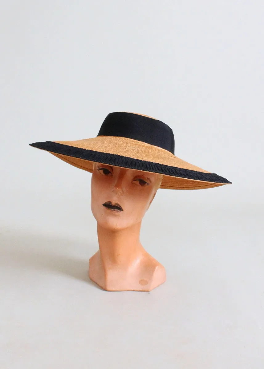 Vintage 1940s Wide Brim Straw Hat with Pleated Ribbon Trim