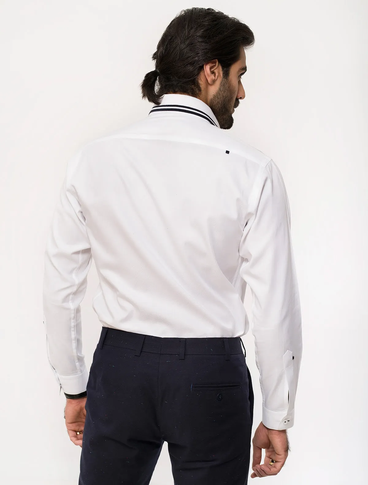 WHITE & NAVY RIB COLLAR SHIRT