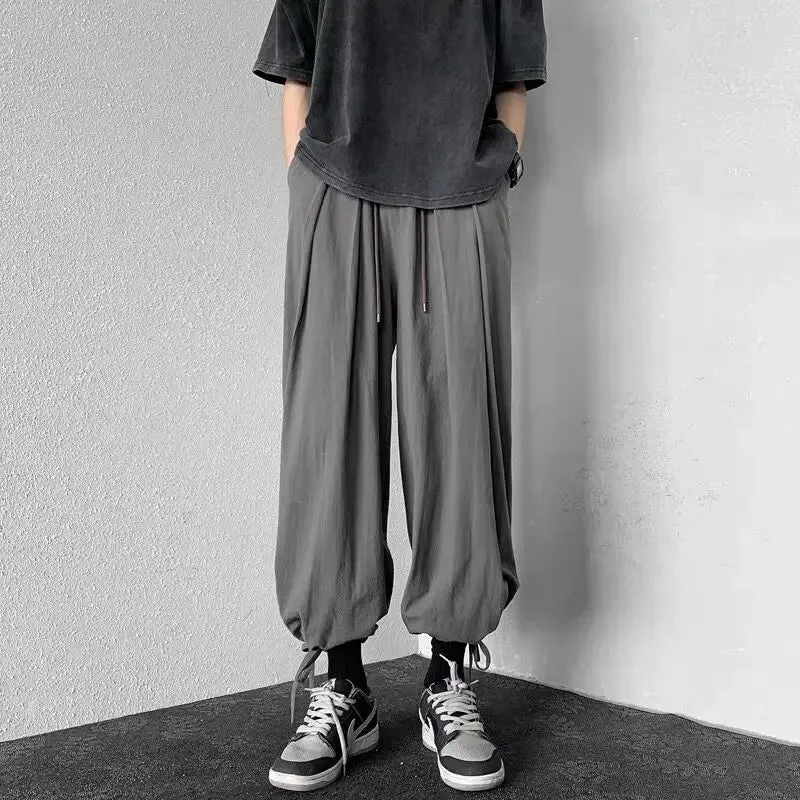 Wiaofellas  -  Men Drawstring Cuff Harem Loose Pants Japanese Yamamoto Harajuku Style Hip Hop Trousers Cargo Daily Punk Sport Cotton Thin Pants