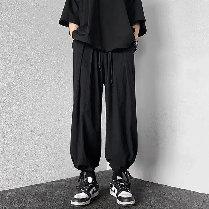 Wiaofellas  -  Men Drawstring Cuff Harem Loose Pants Japanese Yamamoto Harajuku Style Hip Hop Trousers Cargo Daily Punk Sport Cotton Thin Pants